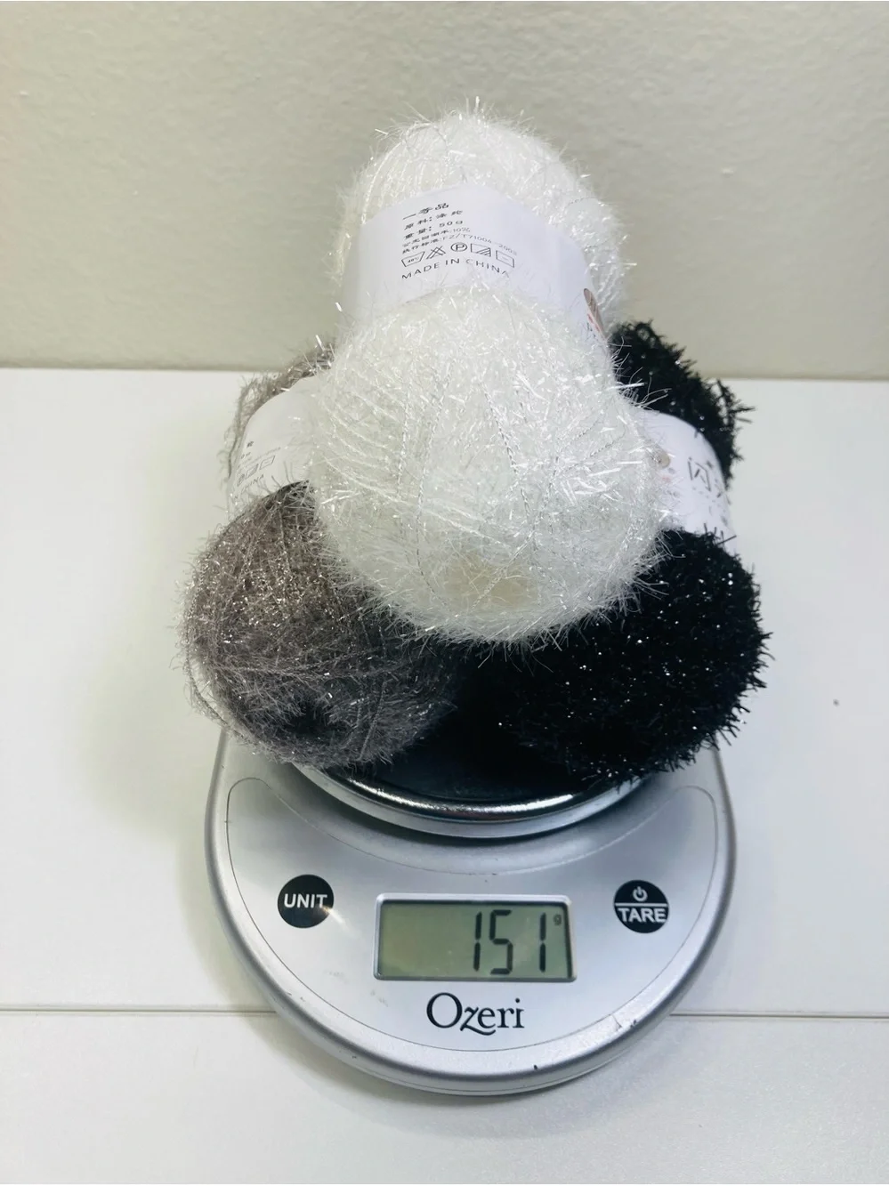 NEW 151 g / 5.38 oz Sparkly Scrubby Yarn Trio - White, Grey, Black